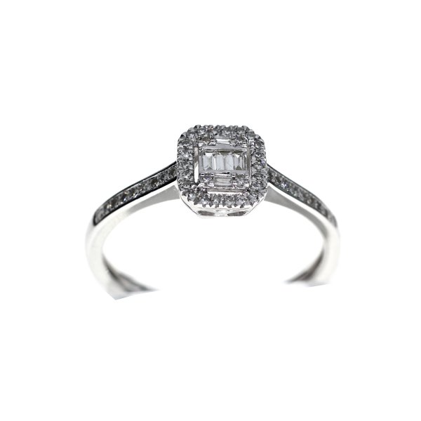 Whitegold Baguette Halo ring with side stones 49-0.20crt