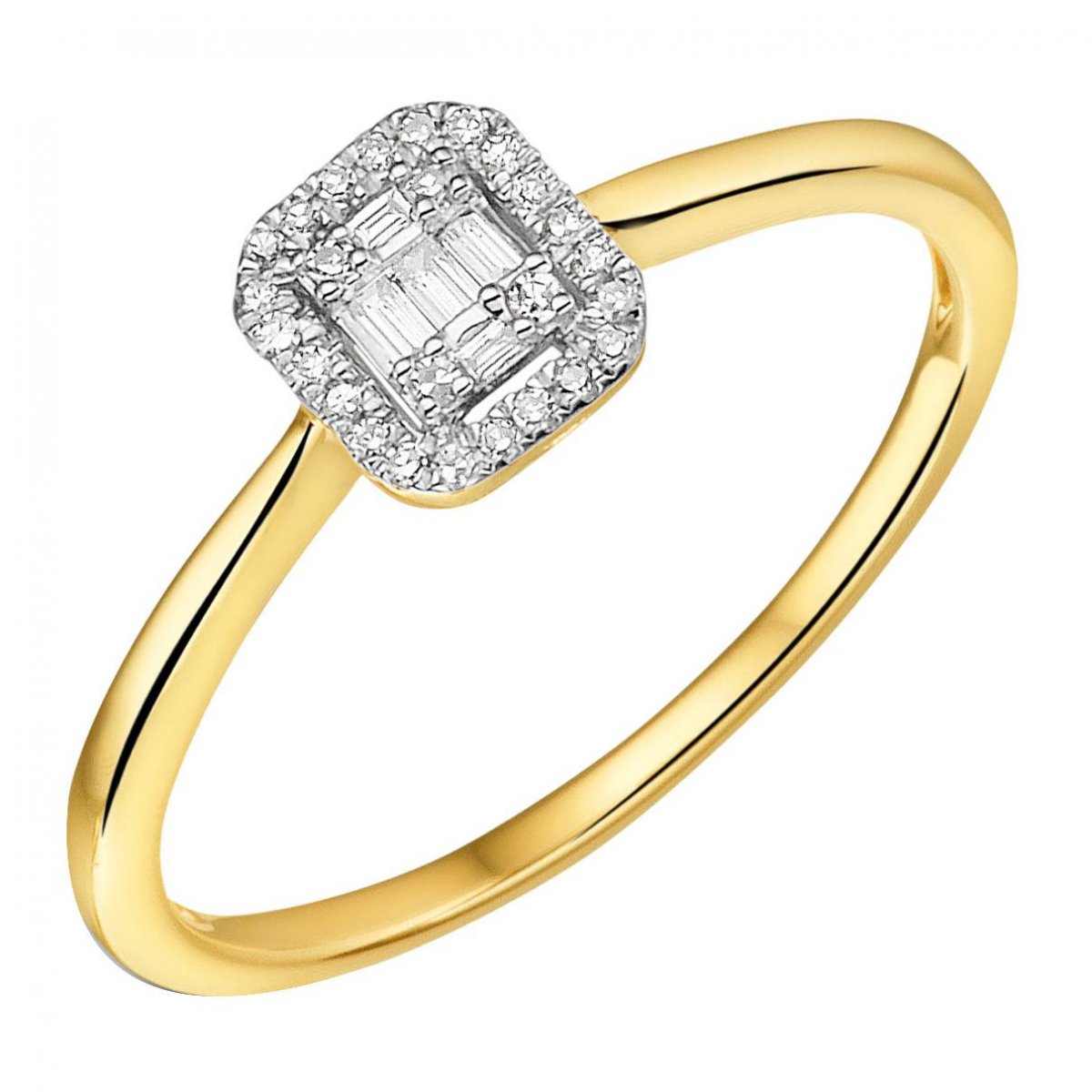 Baquette Entourage Diamant Ring Geelgoud 0.09 crt.