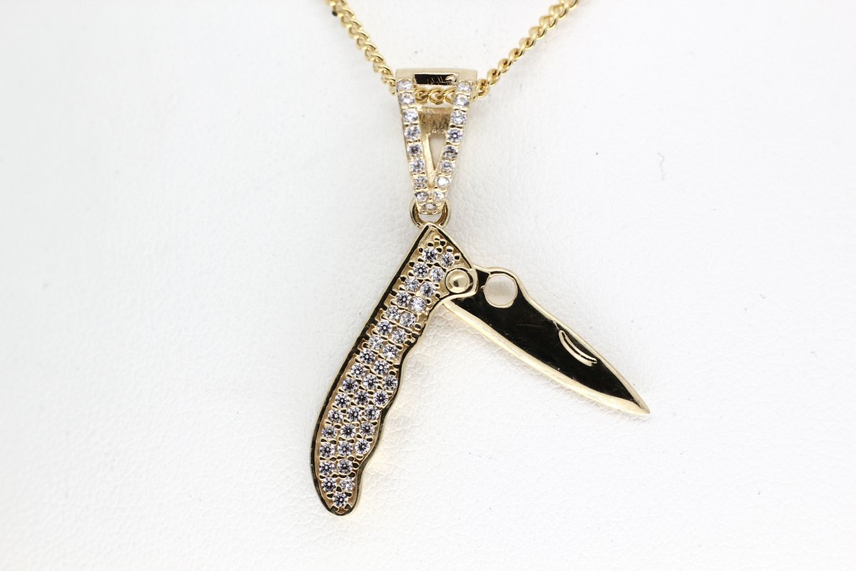 Yellow Gold Pocket Knife Pendant Set With Crystals