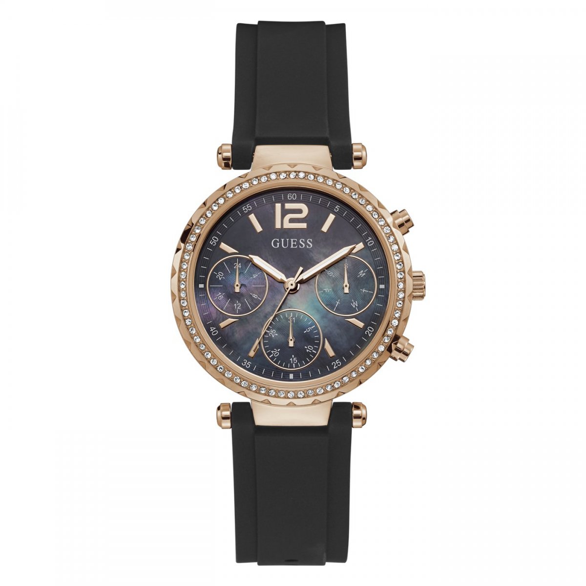 black and rose gold guess watch